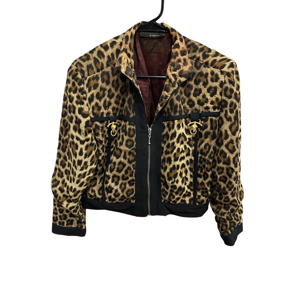 Mesmerize Leopard Print Bomber Jacket Tan Black Sz Cropped Long Sleeve Retro